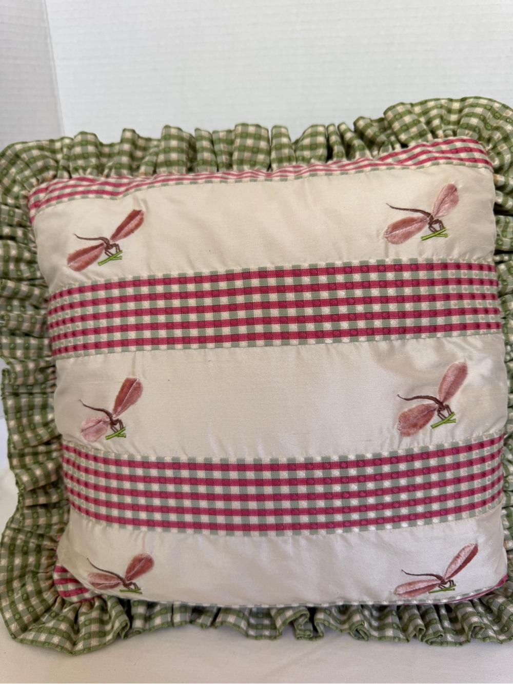 VTG April Cornell Throw Pillow Embroidered Dragonfly Gingham Ruffle Cottagecore